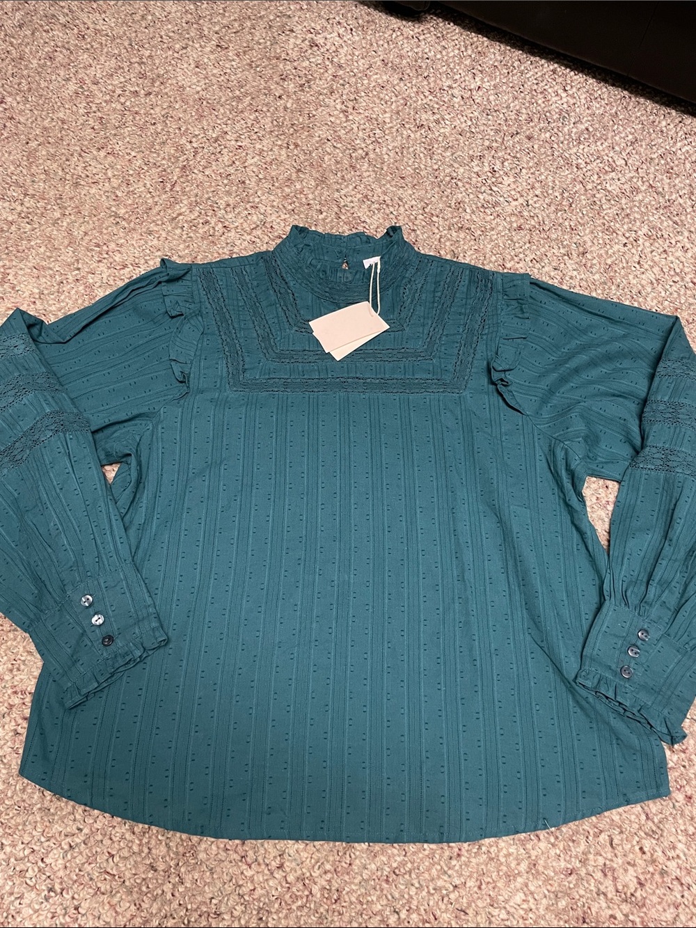 Frnch Teal prairie look lace insert Eyelet High-Neck Blouse- nwt